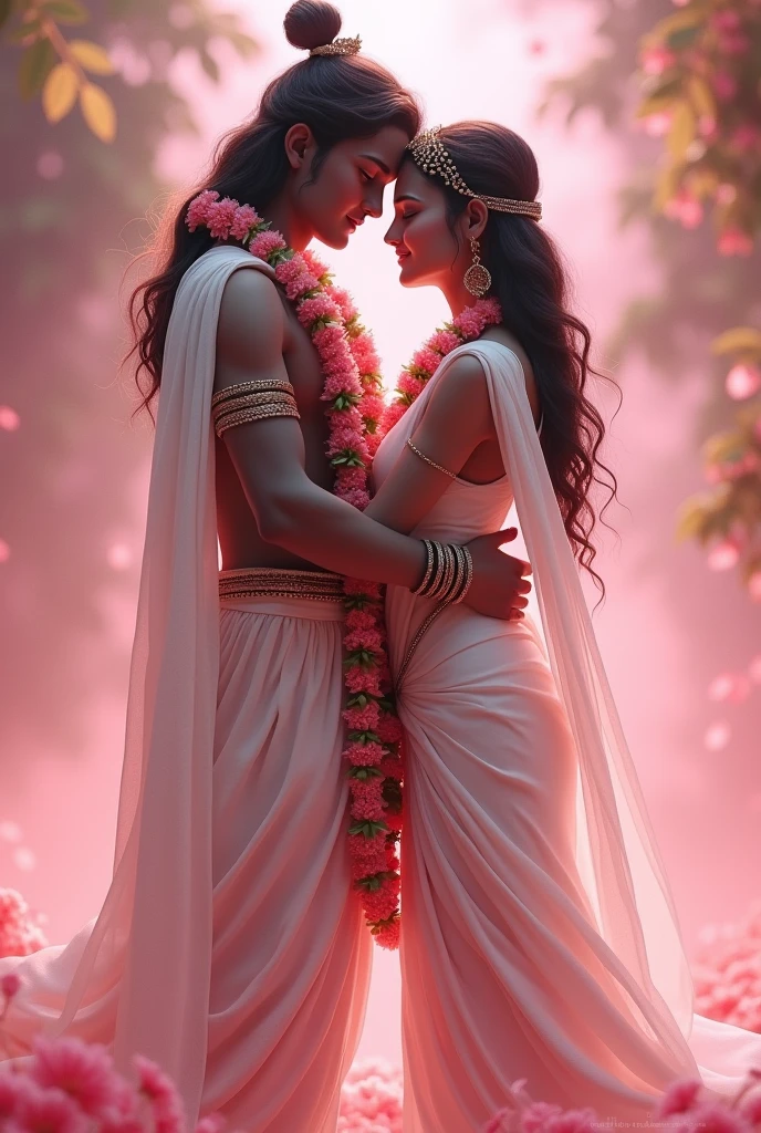 Radha and Krishna in white traditional clothes and flower garland and pink light falling on them 