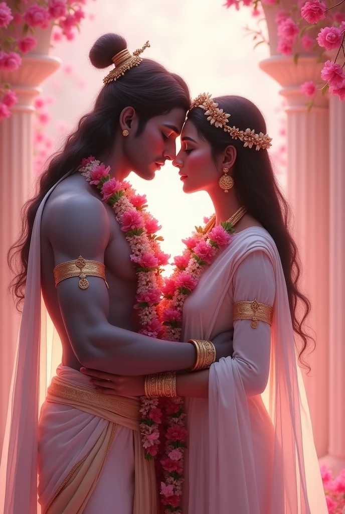 Radha and Krishna in white traditional clothes and flower garland and pink light falling on them