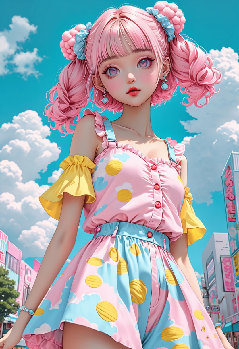 (best quality, masterpiece, ultra highres, ultra-detailed)kawaii, beautiful, Adorable dressed in pink, yellow, and sky blue color scheme. Wear clothes inspired by the sky with clouds and sky motifs. Her outfit is spongy and soft., With decorative accessories like hair tongs. She embodies a vibrant and modern Harajuku fashion style.summer,pose,