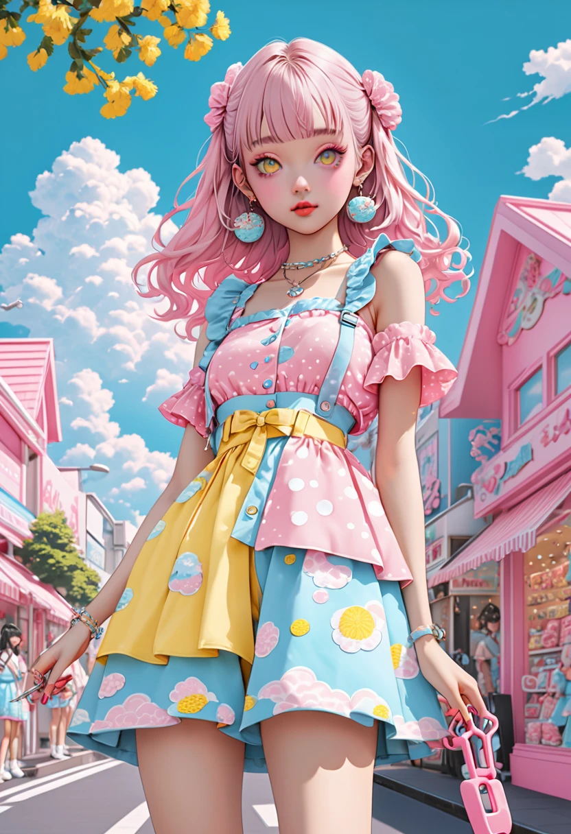 (best quality, masterpiece, ultra highres, ultra-detailed)kawaii, beautiful, Adorable dressed in pink, yellow, and sky blue color scheme. Wear clothes inspired by the sky with clouds and sky motifs. Her outfit is spongy and soft., With decorative accessories like hair tongs. She embodies a vibrant and modern Harajuku fashion style.summer,pose,