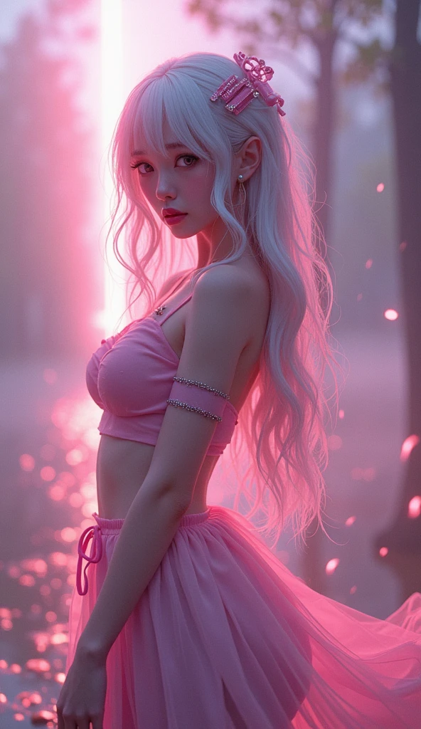 photorealistic,Realistic illustration in Modelshoot style,((masterpiece)),((The best quality)),((Ultra Quality)),((ultra detailed)),((1girl long white hair)),((Only)),((waifu:1.5)),Perfect anatomy,perfect hands,beautiful cuerpo,beautiful_method,ulzzang-6500-v1,e-chica,Exceptionally Beauty Waifu Princess tifa lockhart, wallpaper, landscape, depth of field, night, light particles, light rays, side lighting, thighs, skirt, red eyes, brown hair, thigh high socks, arm sleeves
,((bright-pink_eyes)),long wavy hair,hair clips,eyeliner,cute makeup,lipstick,Glossy lipstick,with a look of terror, worry and sadness,((eyes detallados perfectos)),rainy with fog outside,evening,pink theme,bioluminiscencia,light particles,((Extremely CG Unity 8K Wallpaper)),((cinematic lighting,Best quality lights)),intricate details,Suave,sharp focus,Extremely beautiful and aesthetic,Octane rendering,Full length portrait,damp skin,((Perfect detailed body)),
