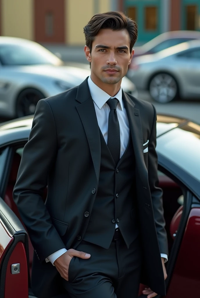 Imagine a young business executive, com cerca de 25 anos, OPENING THE DOOR OF A SPORTS CAR . He wears an elegant flawless cut suit and a well-fitting tie. His carefully styled hair shows a touch of sophistication, and his eyes reflect determination and ambition. highlights his confident and focused expression