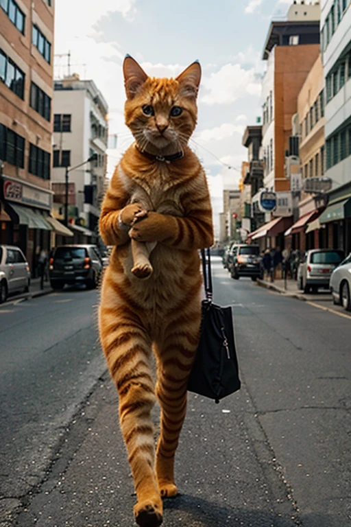 A hungry orange kitten is wandering the city streets filled with vehicles.