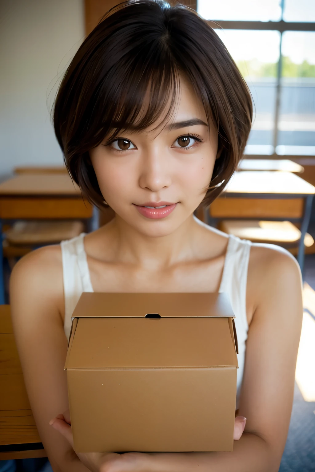 Highest quality, Face Focus, Soft Light, Ultra-high resolution, (Realistic:1.4), RAW Photos, 1 Japan, alone, cute, (A shy smile:0.5), (Brown eyes, Light in your eyes), Beautiful face in every detail, (Small box),(High resolution detail of human skin texture), (Short Bob Hair), break, In the classroom, Best, skirt