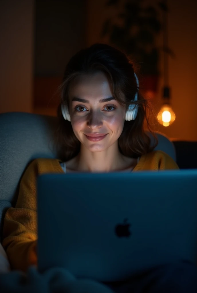 A woman is watching a movie on her laptop and using AirPods.