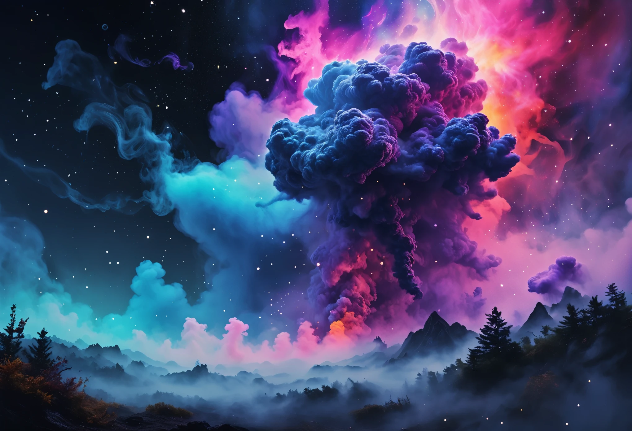 Mystical foggy landscapes, RPG Design, Dark fantasy graphic, nebula, ジェネレーティブアートnebula, Smoke hole mist, Smoke simulation, Swirling smoke's gleaming colors, Liquid color smoke, Viscous volumetric smoke, Neon cloud splatter, Acid Color Smoke, 色とりどりの引き裂かれたnebula, Mist-type enemy simulation, Gas Dragon Hiding in the Mist:1.2, Gas monster with a mind of its own, ((toxic)), (((Landscape painting, Characters Don&#39;t:1.2))), Fantasy art, (8k, RAW Photos, 最high quality, masterpiece:1.2), High-quality RAW color photos, Professional photo shoot, Cinematic Light, Dim lighting, Film Grain, Background blur, high quality, Surreal, ((Very detailed, photo shoot)),