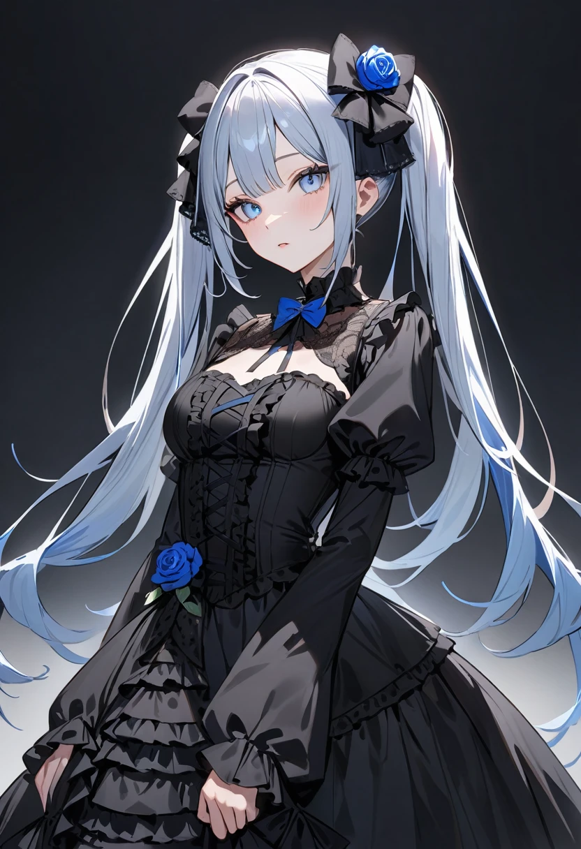 (masterpiece, top quality, very aesthetic, 4k、illustration), intricate detail, 1woman,solo,contrapposto 、from side、Strong glowing eyes、Fair skin,(upper body)、bored 、twintails、(Blue lipstick),beautiful face、(gradient hair)、multicolored hair,middle hair,sidelock ,blue　eyes、gothic lolita dress、medium breasts、slender 、