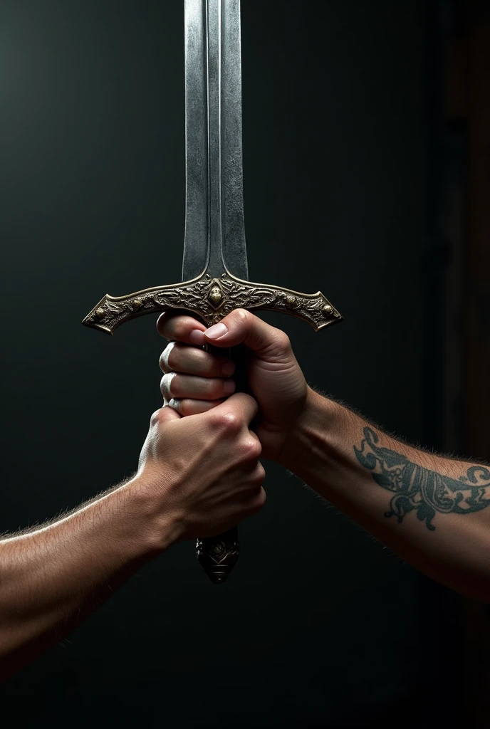 Create a cinematic, realistic image of a sword held over an arm.