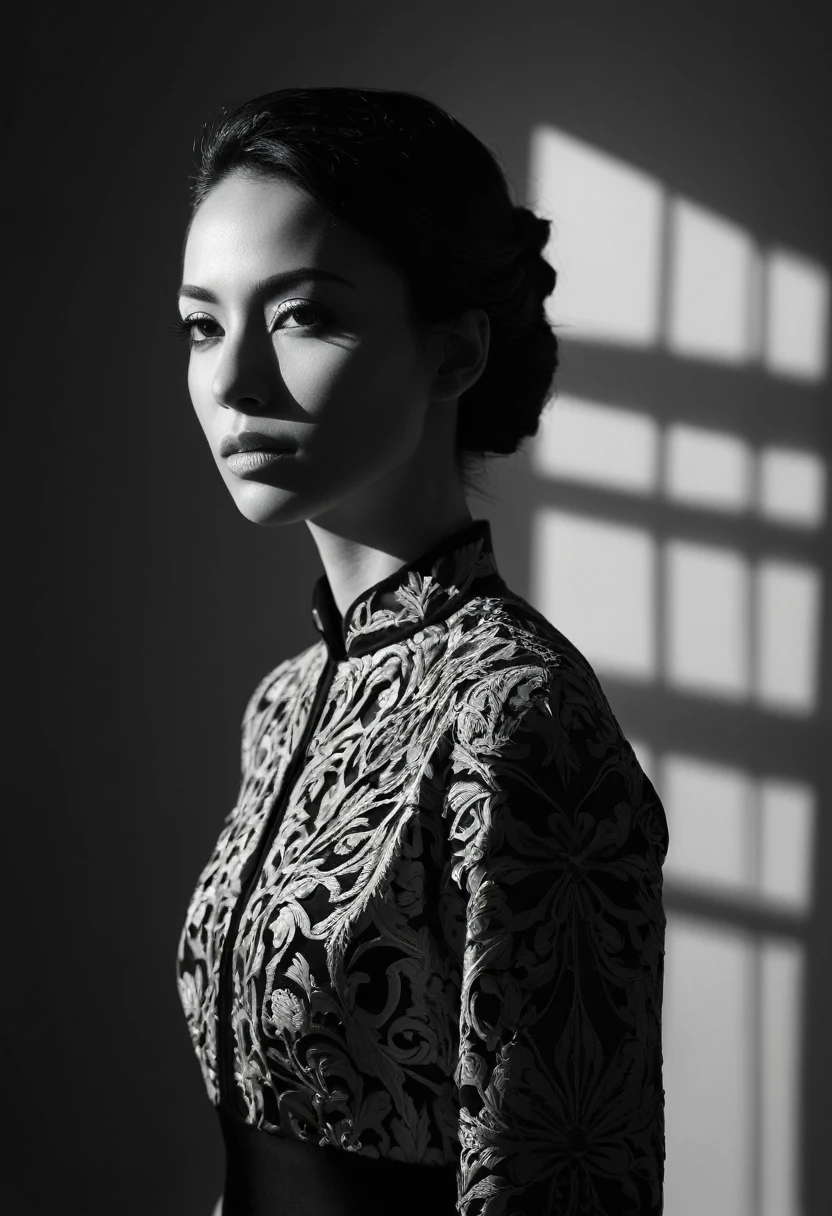 black and white, woman, Shadow Symphony, sharp focus, studio photo, intricate details, highly detailed,