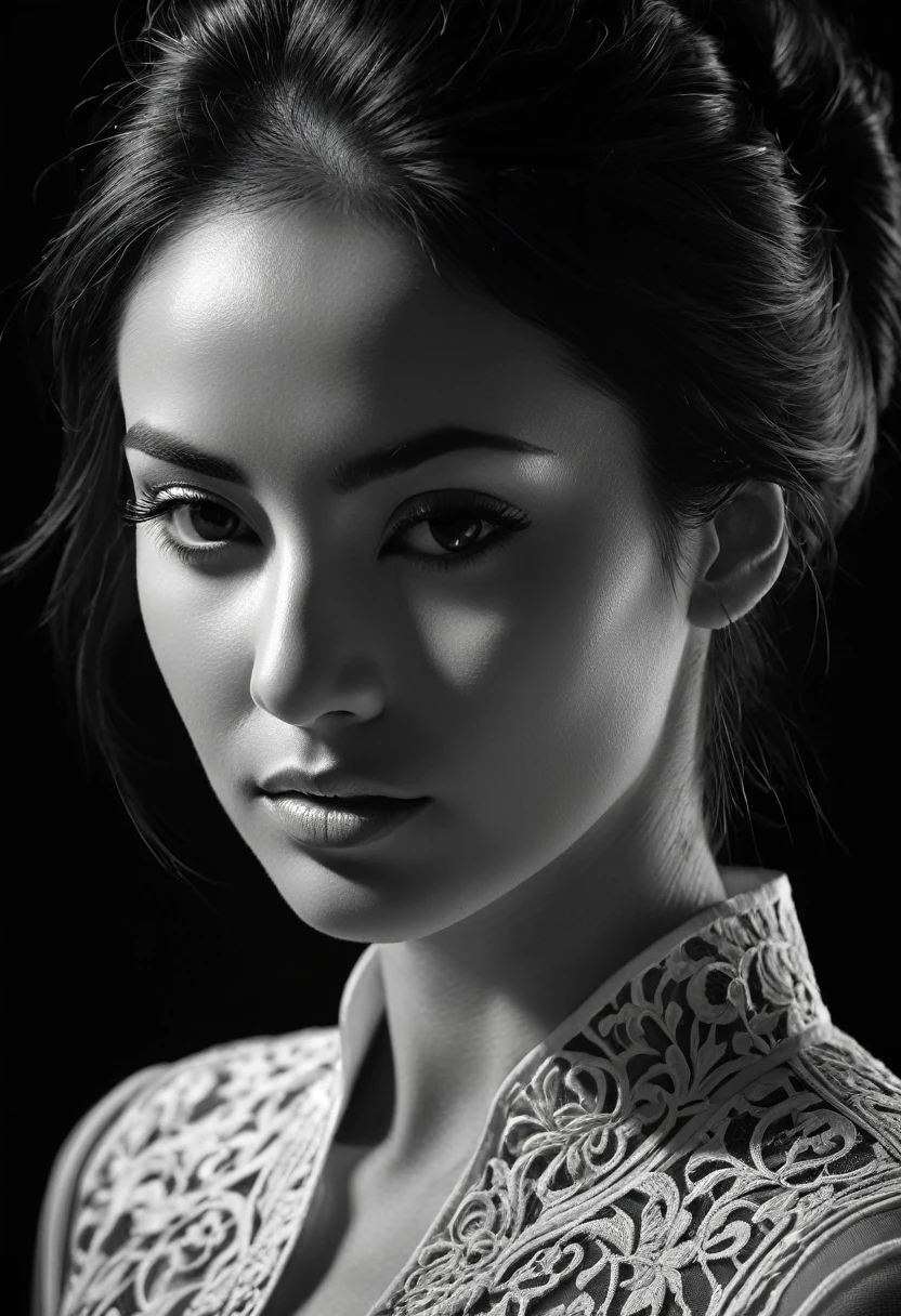 black and white, woman, Shadow Symphony, sharp focus, studio photo, intricate details, highly detailed,