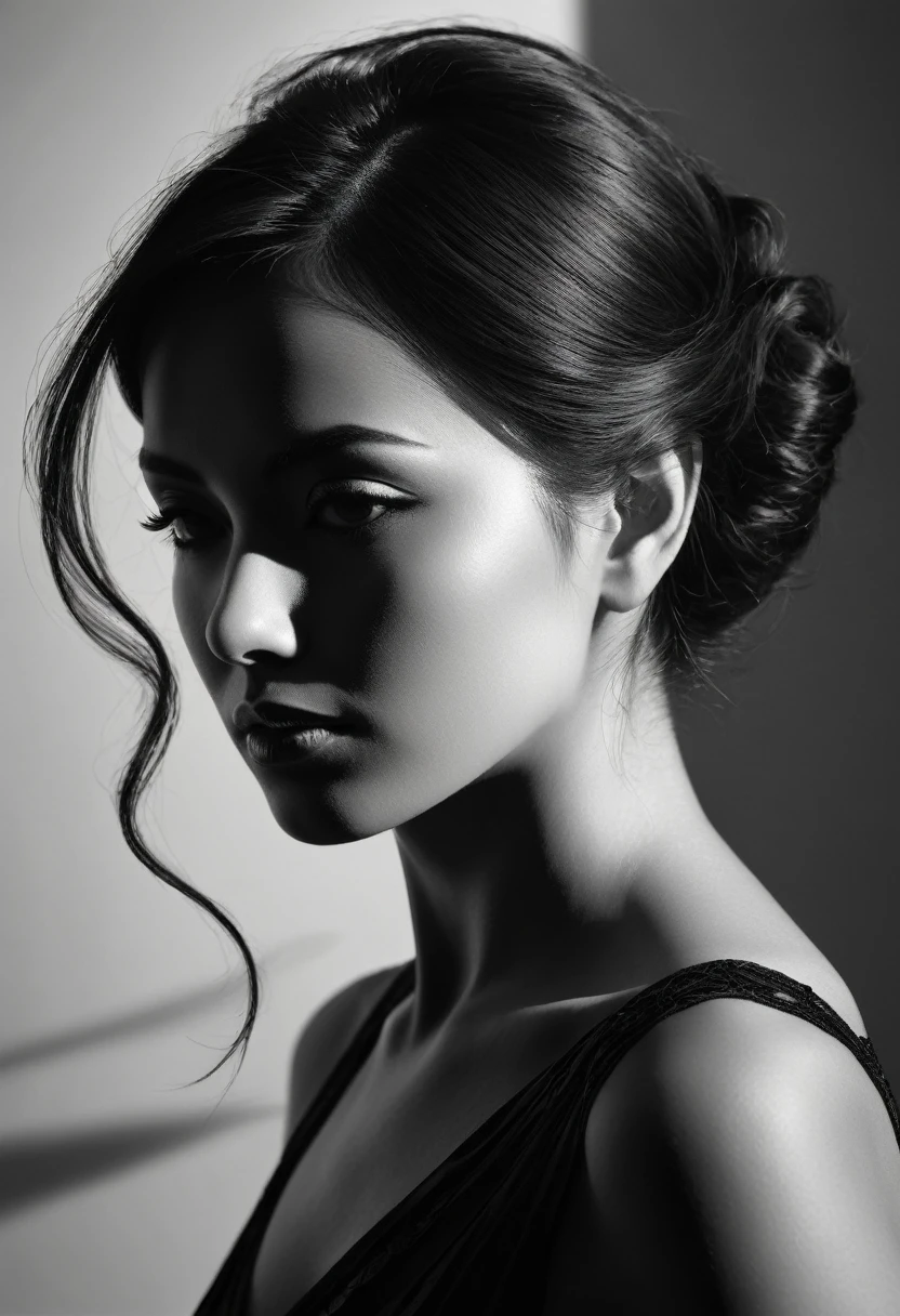 black and white, woman, Shadow Symphony, sharp focus, studio photo, intricate details, highly detailed,