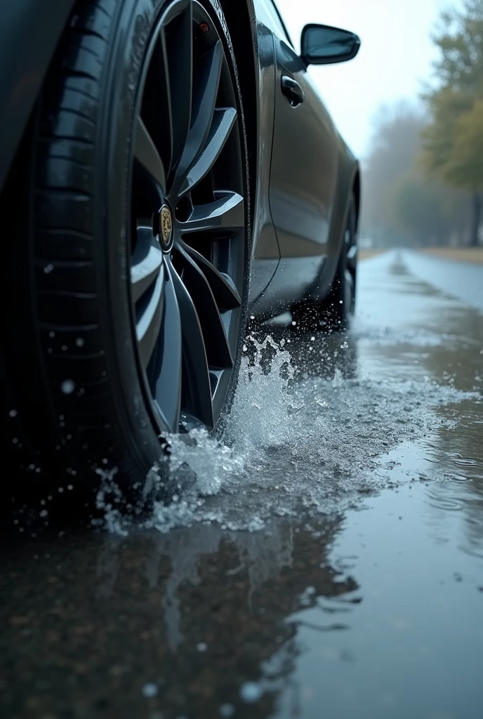 Zoom in on a wheel of a luxury car driving over a puddle of water and the water splashes to the sides, asphalt on a rainy and gloomy day. super realistic