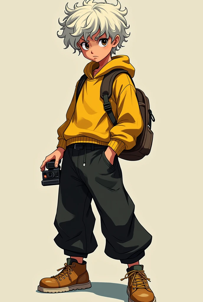 A rebellious boy, big and curly hair, with white highlights. dark brown eyes. long clothing, yellow and black in color. with a camera, polaroid, and a Zippo lighter.
