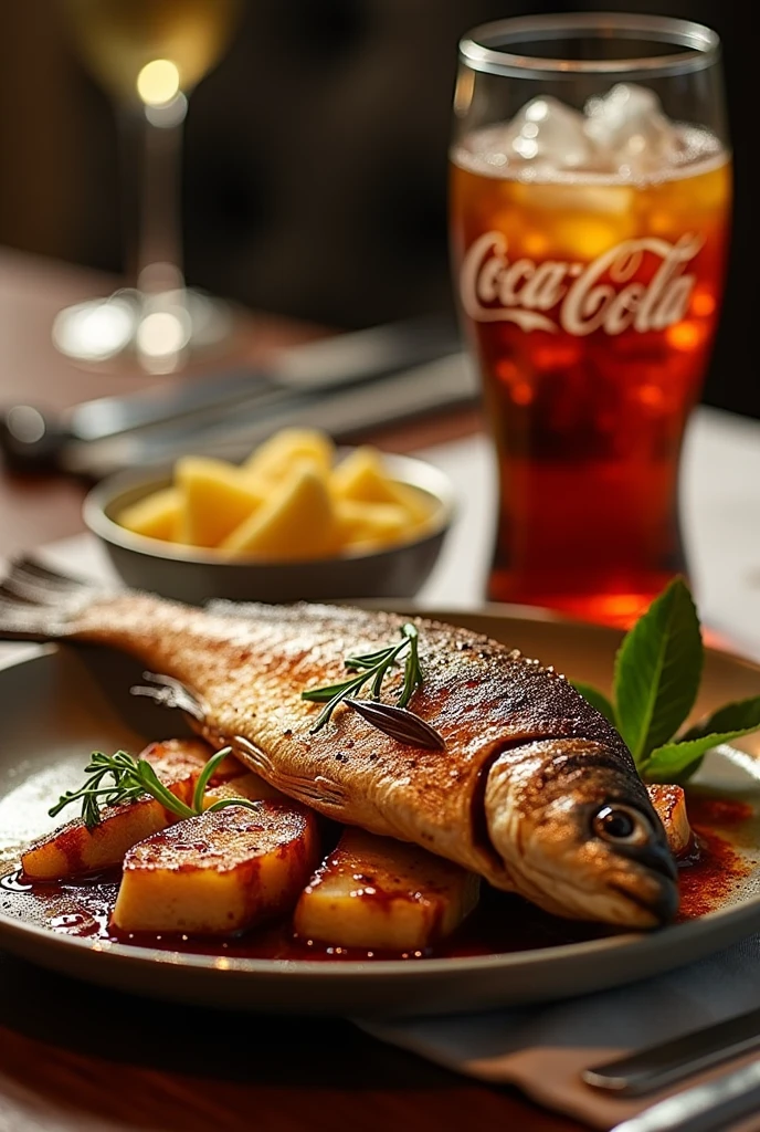 masterpiece，best quality，Close shot，Rich details，On the luxurious dining table，there is a fragrant grilled fish and a glass of Coke with ice.