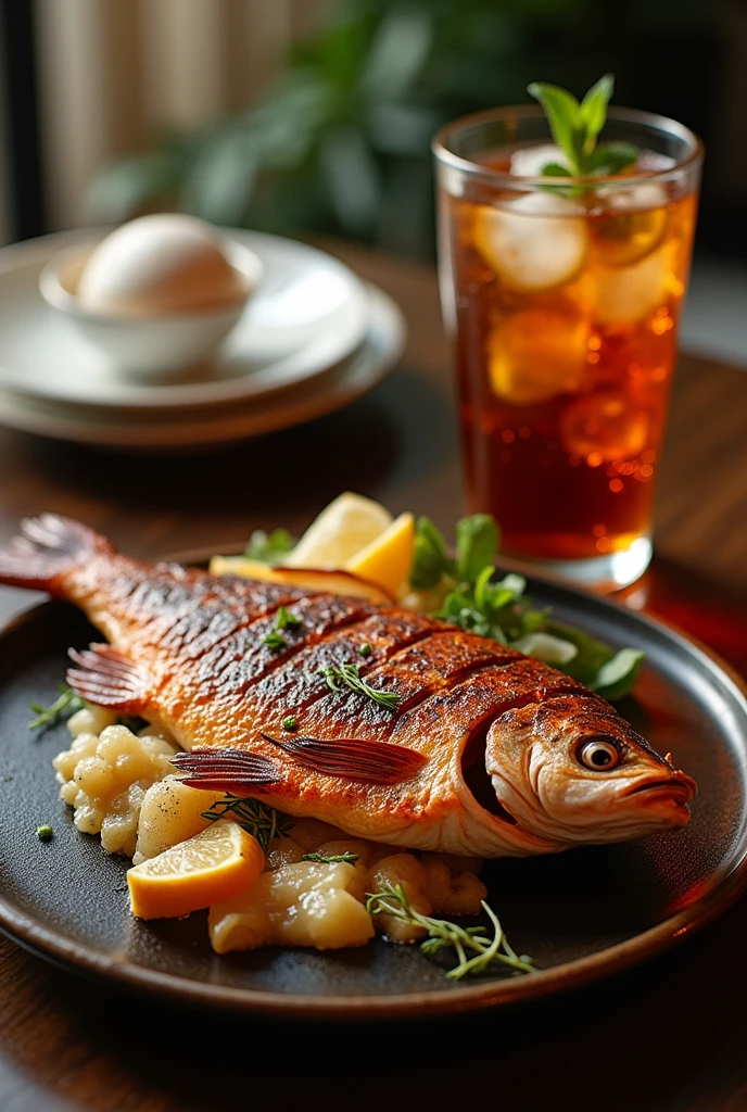 masterpiece,best quality,Close shot,Rich details,On the luxurious dining table,there is a fragrant grilled fish and a glass of Coke with ice.