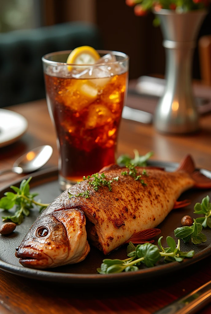 masterpiece,best quality,Close shot,Rich details,On the luxurious dining table,there is a fragrant grilled fish and a glass of Coke with ice.