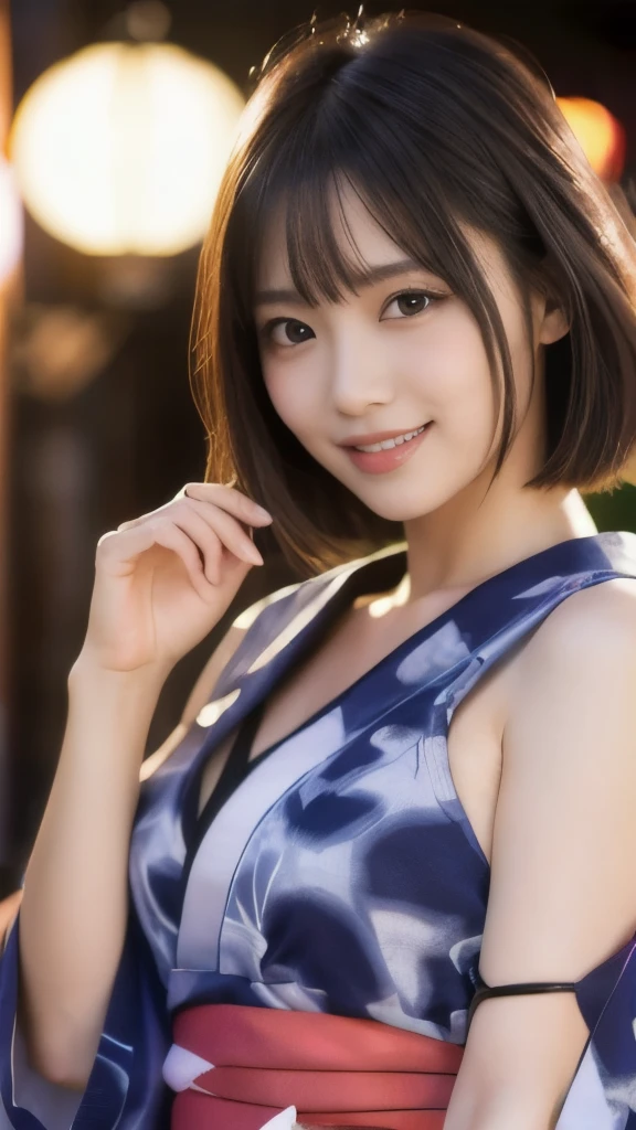 8k,Highest quality,(masterpiece:1.2),(Realistic),(Realistic:1.37),Ultra-high resolution,1 female college student,festival,night,smile,Beautiful Eyes,(((Cute Yukata))),Perfect body,Perfect Fingers,Professional Lighting,gravure,Detailed face and skin texture,fine grain,RAW Photos