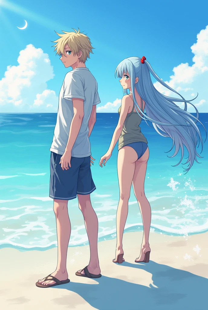 One male and one female character、Make it a cotton core similar to anime、Make the art style more unique Seaside Water Play