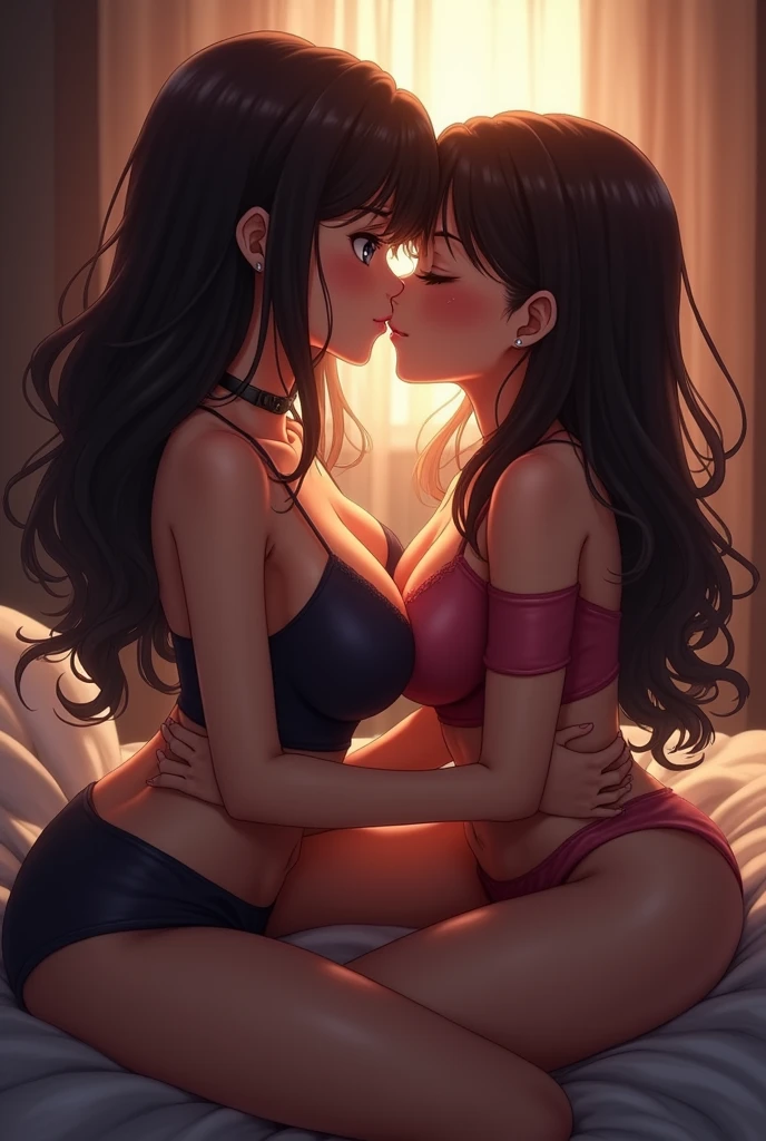 score_9,score_8_up,score_7_up,source_anime,masterpiece,best quality,very aesthetic,(close-up:1.2),2girls,yuri,(loli:1.3),large breasts,nude,long hair,french kiss,breast press,lying,on bed,saliva,tongue,blush,in heat,aroused,night,moody lighting,Cinematic lighting,cinematic shadows,dynamic angle,