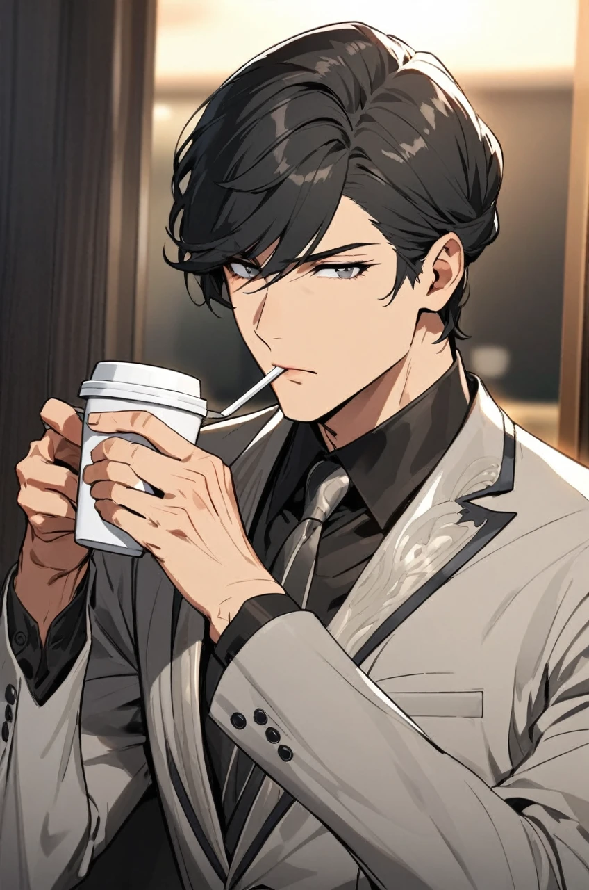 Young boy, Suit, Suit elegante, beautiful appearance, mature look, drinking coffee, defined body, black hair, gray eyes,