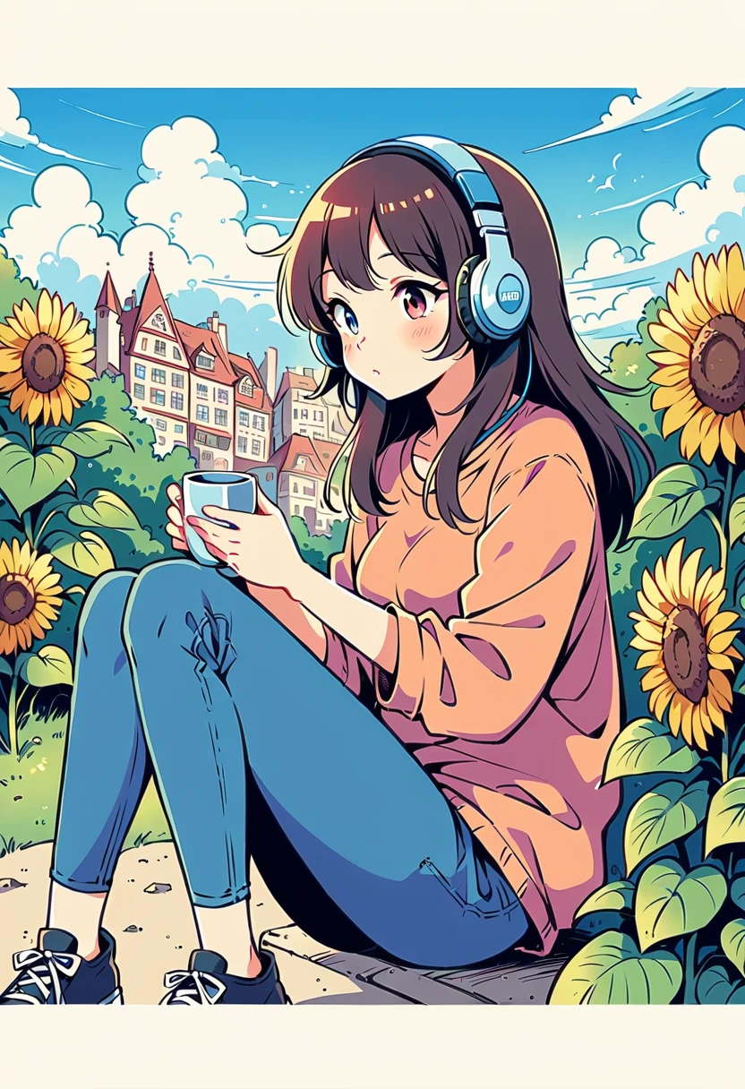 alone, lofi girl, lofi artstyle, lofi art, city, town, woman sitting on a couch with headphones on and holding a cup, listening to music, listening to godly music, listening to music at 2 am, vibing to music, with headphones, relaxing mood, early morning mood, high quality stock picture, photograph taken in 2 0 2 0, with head phones, girl wearing headphones, the girl on a windowsill, Better hand, better finger, extreme fisheye lens, heterochromia, multicolored eyes, split-color hair, Soft hair, flower, outdoors, sky, day, cloud, tree, blue sky, grass, plant, nature, scenery, stairs, sunflower