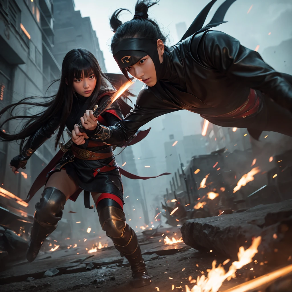Superhero, 現代のSuperheroのコスチューム, Ninja, Ninja costume, Ninja mask on the face, With Chinese sword, Djinn Sword,With Chinese sword, Beautiful Chinese Woman, 20-year-old, Chinese woman with bangs, Brave性格, kind, Brave, Decide, On the battlefield, Atmospheric perspective, Motion Blur, 8k, Super Detail, Highest quality, Ultra-high resolution, Attention to detail