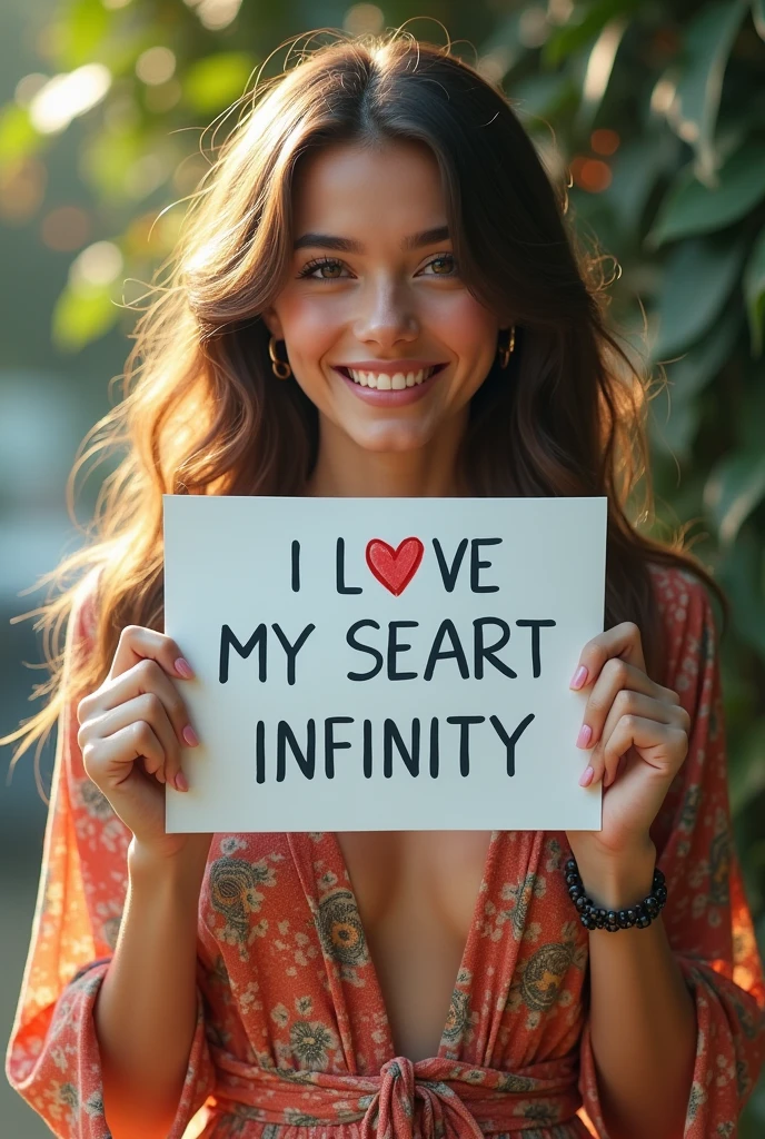 Beautiful girl with wavy long hair, bohemian dress, holding a white board with text "I Love Seaart 
Infinity" and showing it to the viewer in BGMI 
