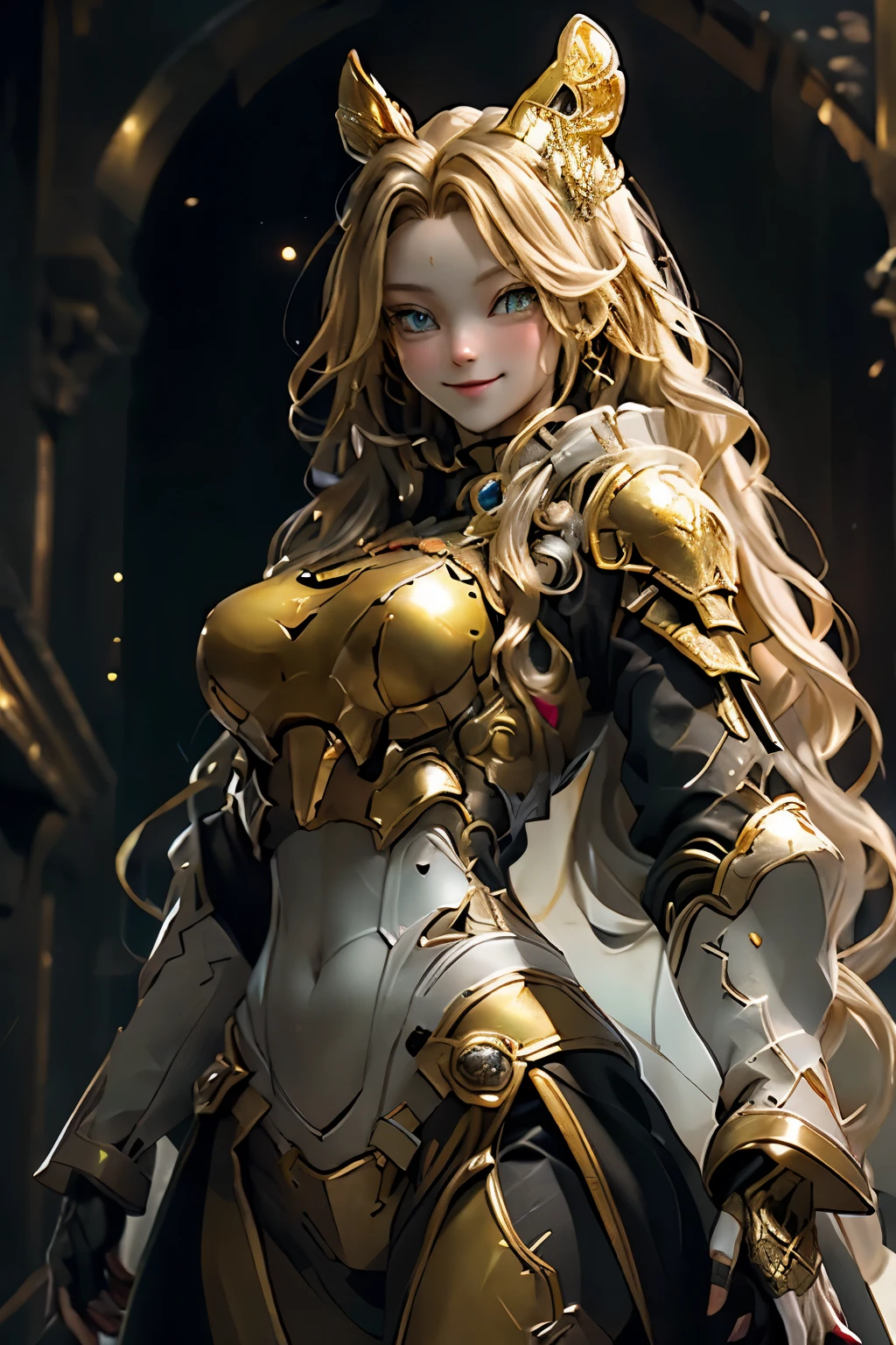 Ultra HD、Ultra-clear、White and beautiful translucent skin、Beautiful and well-proportioned face、Cute smile、Sagittarius Warrior、Covered entirely in golden armor、Holy knight in golden armor、Golden Tiara、Golden armor with ornate carvings covering the entire body、Heavy golden armor、Translucent beautiful green eyes、Blonde、Big Breasts、Outer space background、