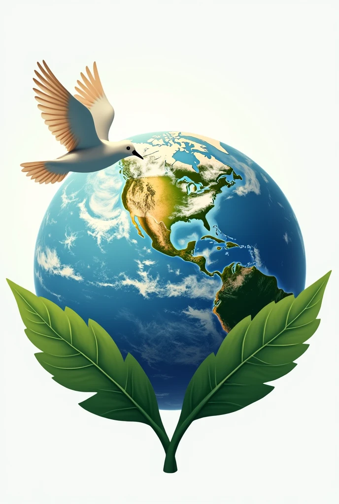 Make a photo of a one side way flying bird on middle front of full orginal globe cover with two green leaves for a logo