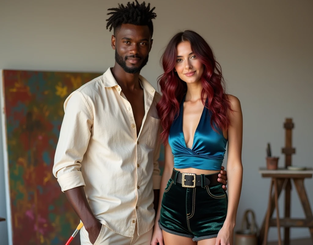 Attractive French-Nubian man with side parted wavy hair and dark skin, wearing a relaxed cream shirt and complementary pants, holding a paintbrush, standing next to a much shorter pale young woman in a paint studio. The man has a kind expression; the woman has a soft smile, vibrant maroon layered wavy chest-length hair, wearing a sapphire blue silk halter top, black velvet shorts with a green sheen, a thick black belt, and red wedge sandals.