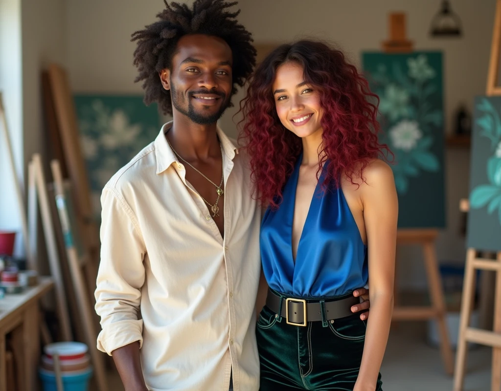 Attractive French-Nubian man with side parted wavy hair and dark skin, wearing a relaxed cream shirt and complementary pants, holding a paintbrush, standing next to a much shorter pale young woman in a paint studio. The man has a kind expression; the woman has a soft smile, vibrant maroon layered wavy chest-length hair, wearing a sapphire blue silk halter top, black velvet shorts with a green sheen, a thick black belt, and red wedge sandals.