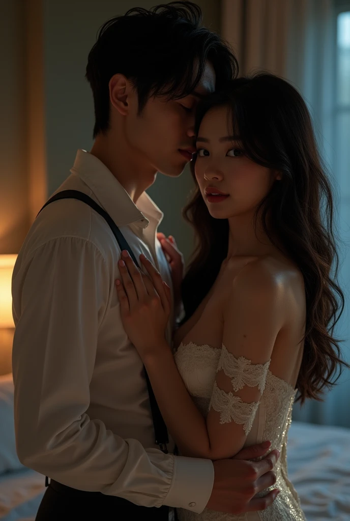 Superstar man, Korea look, innocent woman, wearing dress off top, long hair, indoors, bed in background, night, room, erotic