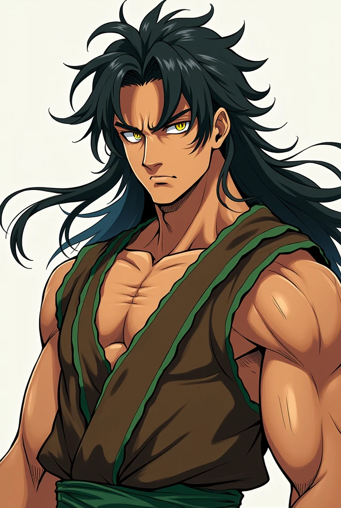 Anime style, Young Man, Long dark hair, athletic body, yellow eyes, scar on the face, brown tunic with green details, Tall man, Serious 
