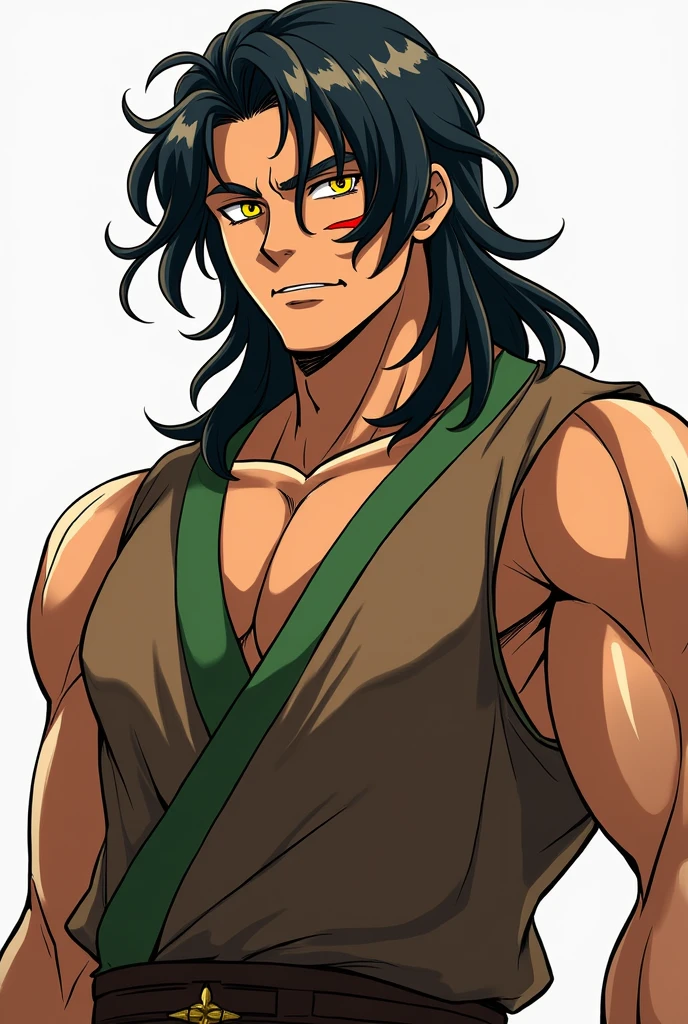 Anime style, Young Man, Long dark hair, athletic body, yellow eyes, scar on the face, brown tunic with green details, Tall man, Serious 