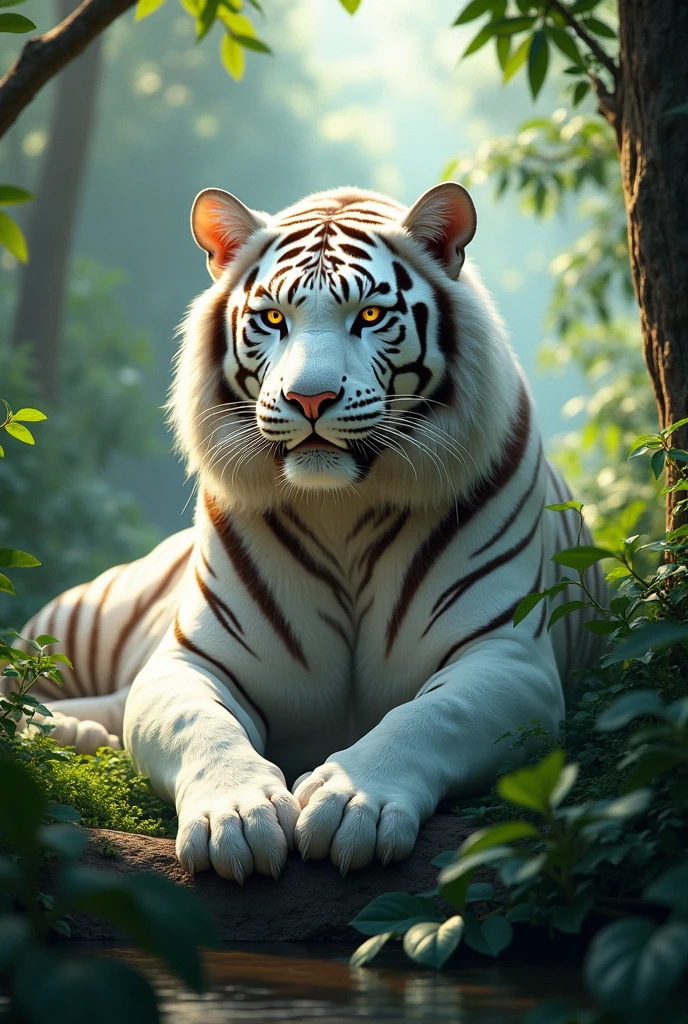 Huge white tiger sitting in the jungle