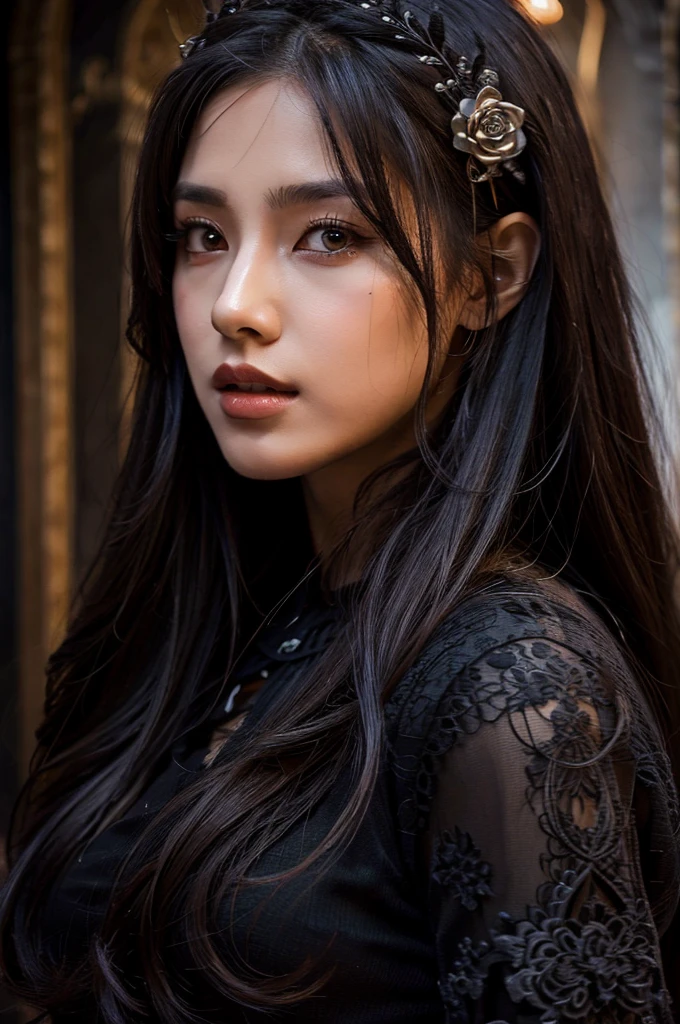 1 European gothic woman, pretty face, long straight hair, ultra detailed face and eyes, hyperrealistic, realistic representation, 30 years old, she is wearing black gothic clothing