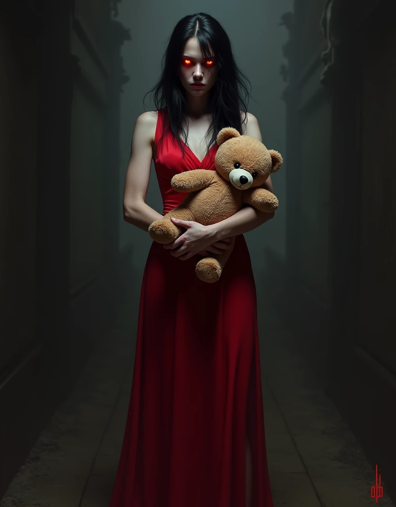 with tall black hair in red dress. Holding plush bear. Her eyes are glowing red. Alma Wade from F.E.A.R.
