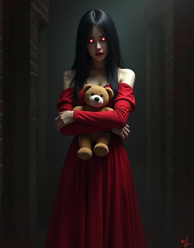 with tall black hair in red dress. Holding plush bear. Her eyes are glowing red. Alma Wade from F.E.A.R.