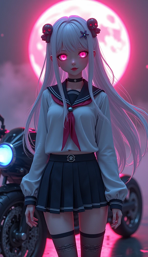 photorealistic,Realistic illustration in Modelshoot style,((masterpiece)),((The best quality)),((Ultra Quality)),((ultra detailed)),((1girl long white hair)),((Only)),((waifu:1.5)),Perfect anatomy,perfect hands,beautiful cuerpo,beautiful_method,ulzzang-6500-v1,e-chica,Exceptionally Beauty 17-year-old Waifu posando na frente de uma motocicleta futurista, the motorcycle has skulls and blue flames highly detailed 3D graphics, night scenery with full moon in the background, she is wearing a Uniform with 3D skulls and flames and Sailor Miniskirt, Pantyhose , HDR, epic realism, high-octane rendering, obra de arte,,((bright-pink_eyes)),long wavy hair,hair clips,eyeliner,cute makeup,lipstick,Glossy lipstick,with a look of terror, worry and sadness,((eyes detallados perfectos)),rainy with fog outside,evening,pink theme,bioluminiscencia,light particles,((Extremely CG Unity 8K Wallpaper)),((cinematic lighting,Best quality lights)),intricate details,Suave,sharp focus,Extremely beautiful and aesthetic,Octane rendering,Full length portrait,damp skin,((Perfect detailed body)),