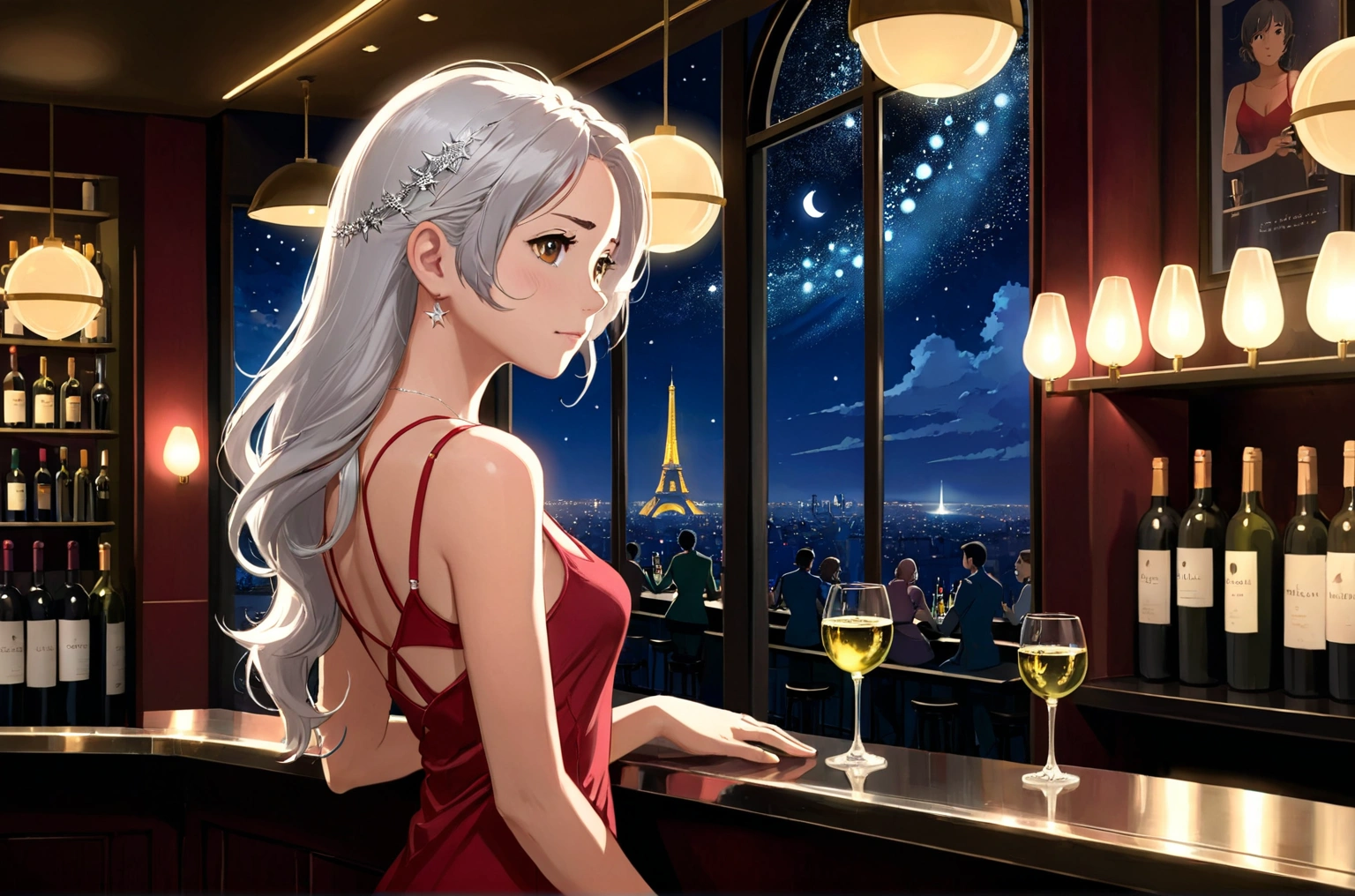 Uses Makoto Shinkai&#39;s depiction perfectly,Portrait of Alica Schmidt,8k 4k masterpiece photo ,Paris,A jazz bar with a glass ceiling,The twinkling stars can be seen through the glass windows.,It&#39;s a dark night outside,Jazz is playing,Close-up of profile,Beautiful in profile,Semi-long hair,Silver Hair,Look in a different direction,Standing alone at the counter,There is a wine glass in front of me.１There are、Tight fitting red tank top dress,The bust is large,Different store