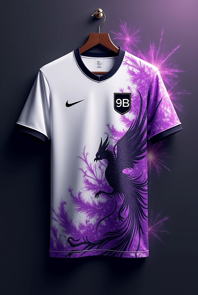 Make a soccer jersey ,On the left side is printed Nike and on the right side a shield written 9B on a hanger with a black background, with a Nike printed design and a very detailed Danoninho design with purple fireworks detailed with black and many more very detailed and realistic phoenix things
