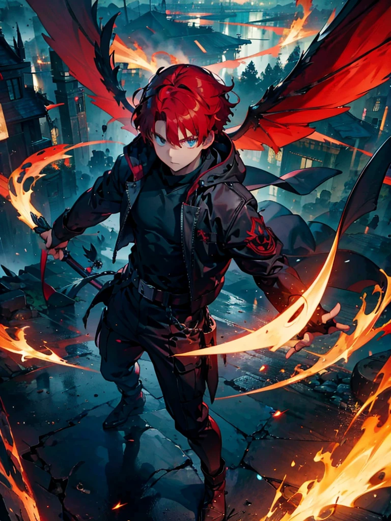 A faint magic circle floating in the sky,The blade that cleaves the darkness,The hero who confronts the destruction of the world,Wonderful fantasy,A single boy with wine-red hair and hining wings,disaster々A horde of evil monsters,The decisive battle of fate