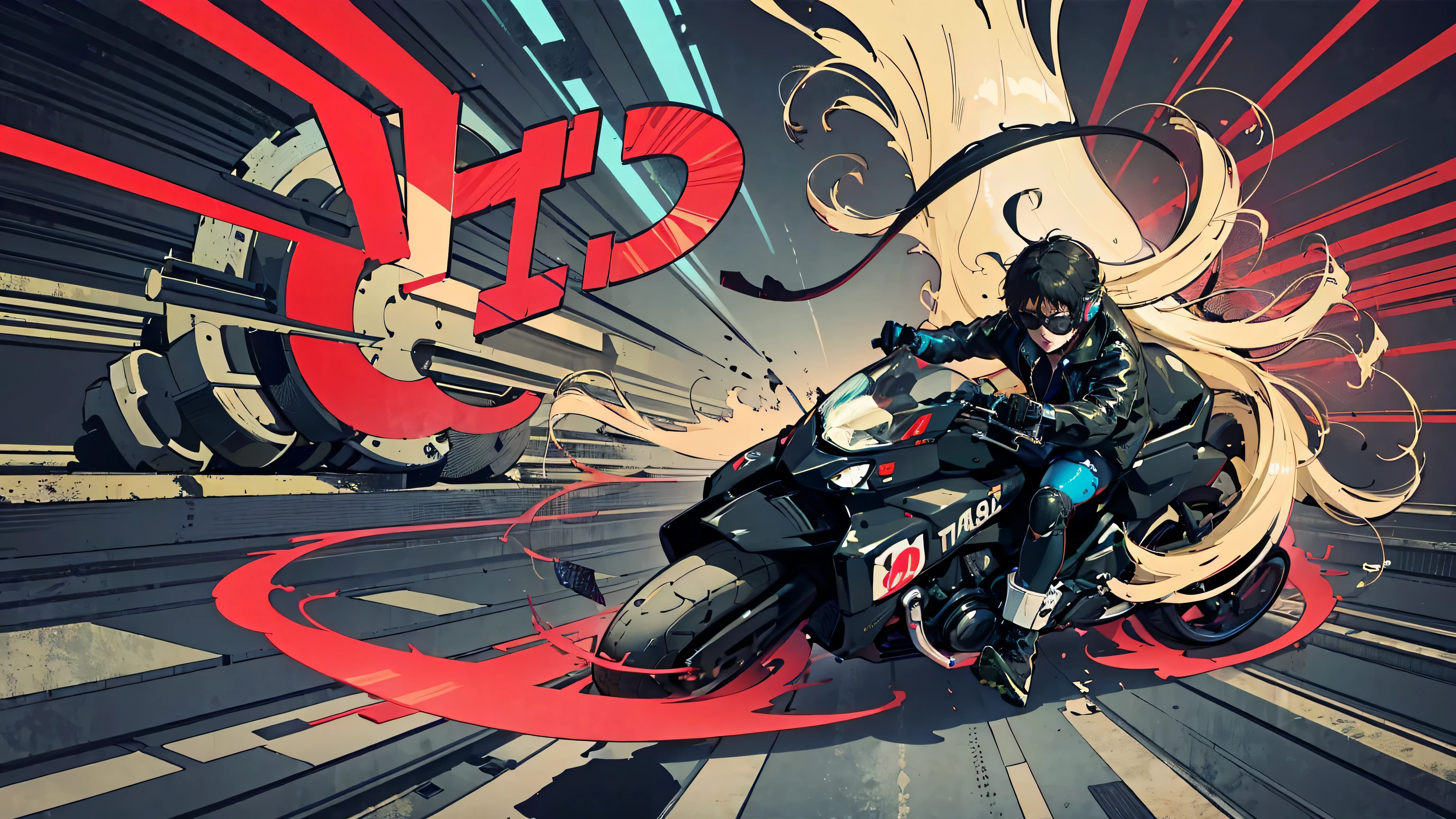 Riding a black Akira bike,Escape to the Future,cyber punk, Beautiful Korean Women、Ash Blonde Hair, headphone, He is wearing a leather jacket and red sunglasses., Riding a black Akira bike,Escape to the Future,cyber punk,Female punk singer, lofi ,run,,Harry Clarke style,(Ashley Wood Style:1.4), (Double exposure:1.4),Thrilling footage released,cyber punk vaporwave,Holographic Projection,(tracing,Dynamic Action:1.8)