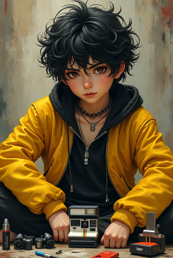 A rebellious boy, big and curly hair, black with white highlights. dark brown eyes. long clothing, yellow and black in color. with a camera, polaroid, and a Zippo lighter.