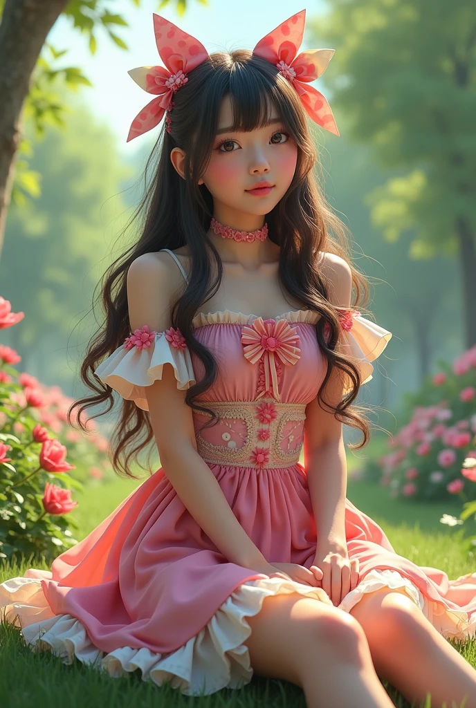Beautiful girl with long hair, wearing Harajuku clothes, in the park, high detail