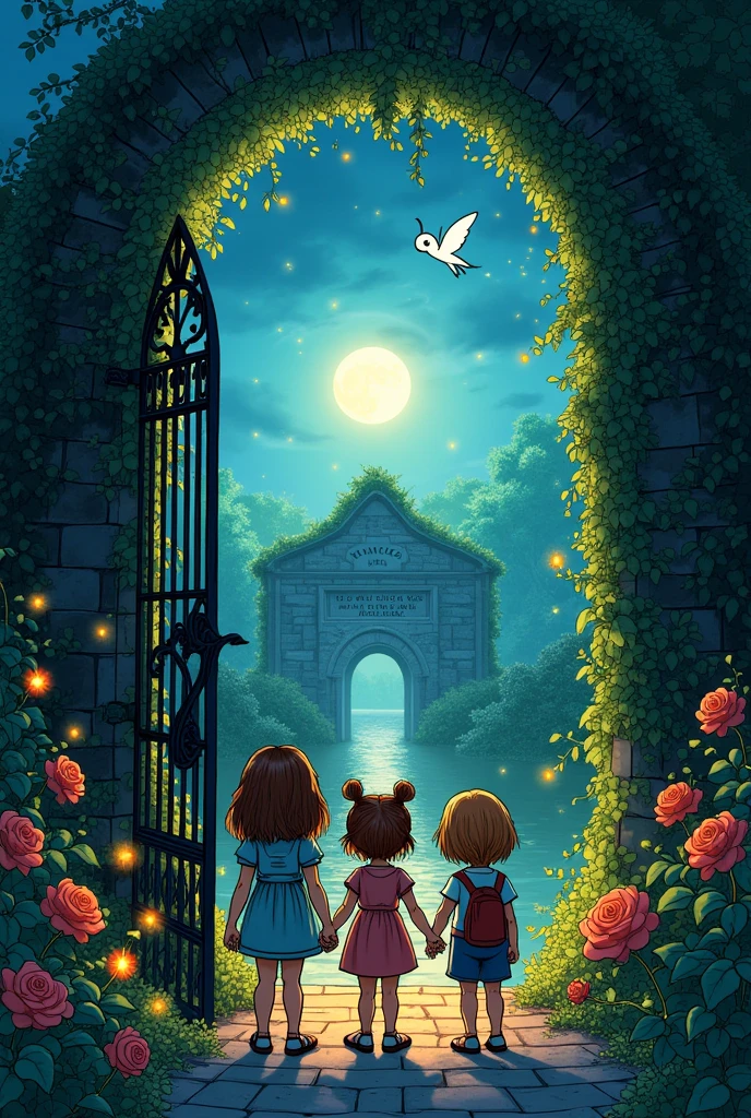 A comic image
**Image Description**:

- **Foreground**: Three children—Lila, Max, and Zoe—standing in awe before an ancient, iron gate entwined with ivy. The gate is partially open, revealing a glimpse of the magical garden beyond.

- **Middle Ground**: A lush, ethereal garden illuminated by soft, silvery moonlight. The scene features glowing roses and shimmering fireflies floating gently around.

- **Background**: The moon high in the night sky casting a magical glow over the garden. A delicate moon sprite named Luna hovers near a stone archway with a riddle inscribed on it, adding an element of enchantment.

- **Overall Atmosphere**: Mystical and serene, with the garden bathed in an otherworldly light. The image should evoke a sense of wonder and magic, capturing the essence of the adventure and the beauty of the garden.