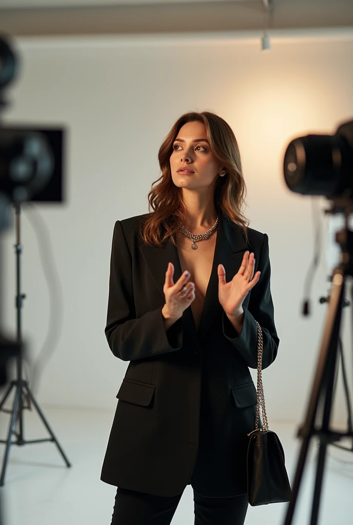 A woman is creating fashion content in front of the camera.