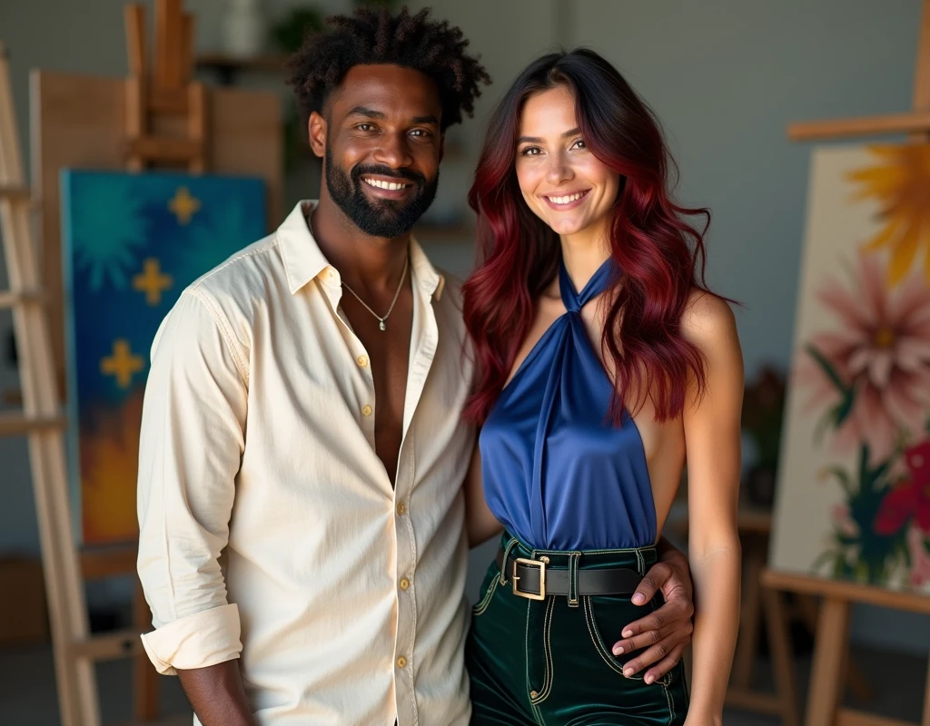 Attractive French-Nubian man with side parted wavy hair and dark skin, wearing a relaxed cream shirt and complementary pants, holding a paintbrush, standing next to a much shorter pale young woman in a paint studio. The man has a kind expression; the woman has a soft smile, vibrant maroon layered wavy chest-length hair, wearing a sapphire blue silk halter top, black velvet shorts with a green sheen, a thick black belt, and red wedge sandals.