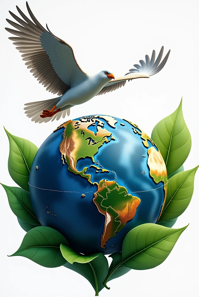 Make a photo of a one side way flying bird on middle front of full orginal globe around with two green leaves for a logo