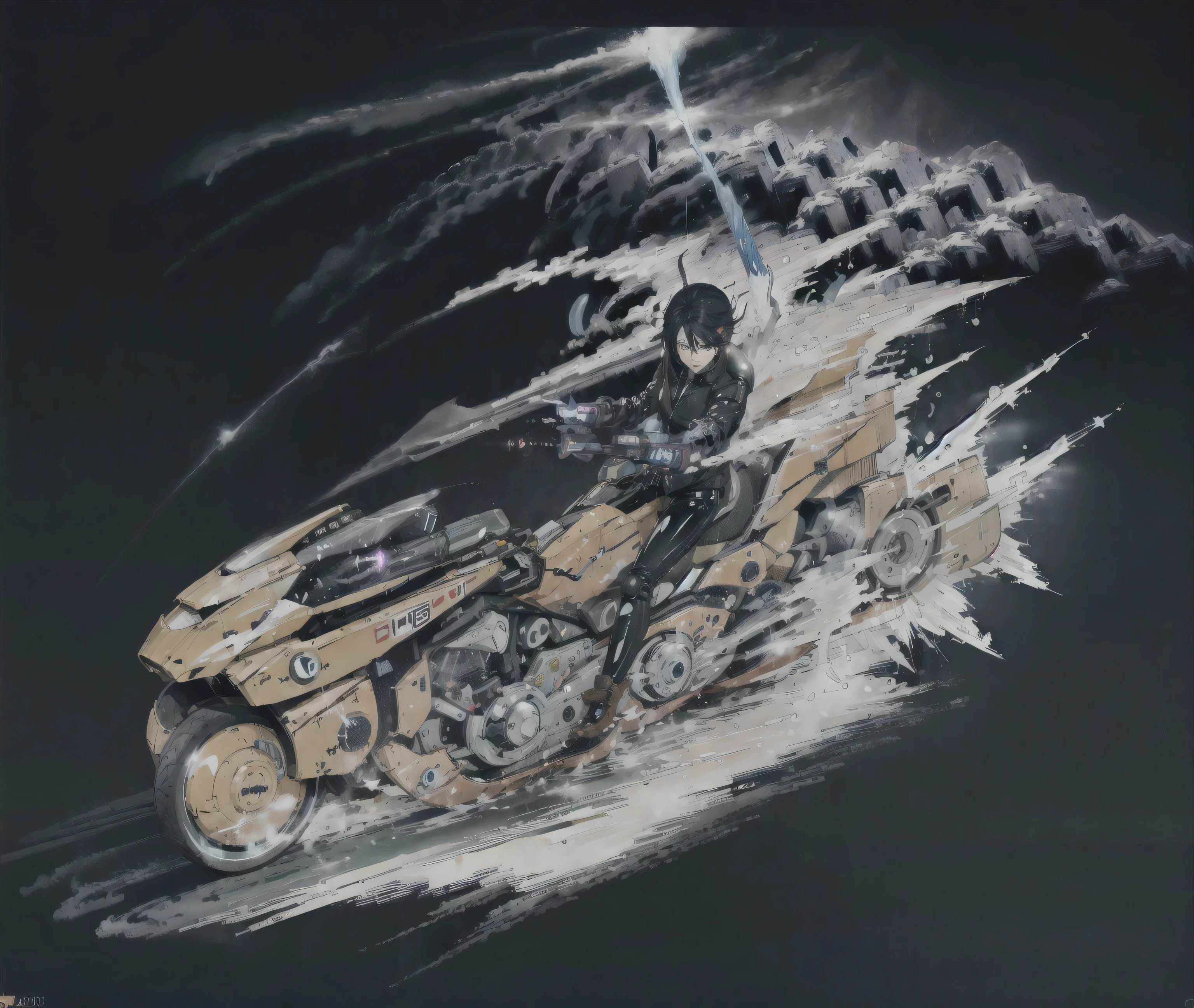  黒いアキラバイクに乗って,Escape to the Future,cyber punk,Female punk singer, lofi ,Run,,Harry Clarke style,(Ashley Wood Style:1.4), (Double exposure:1.4),Thrilling footage released,cyber punk ヴェイパーウェイヴ,Holographic Projection,(Pause，Dynamic Action:1.8)